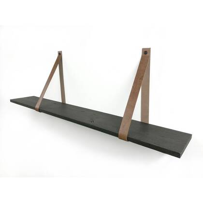 Woodbrothers 18mm wandplank recht zwart 75x20cm + leren riem cognac