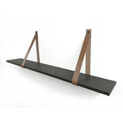 Woodbrothers 18mm wandplank recht zwart 150x20cm + leren riem cognac