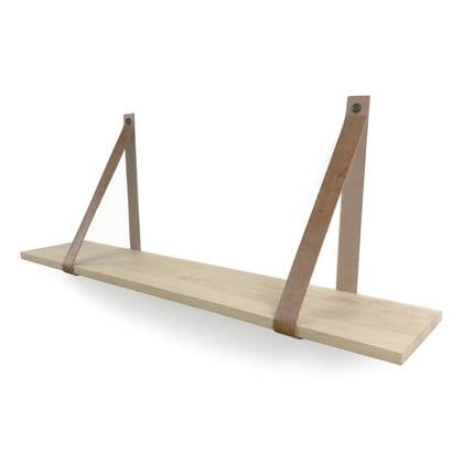 Woodbrothers Eiken 18mm wandplank recht 75x20cm + leren riem cognac