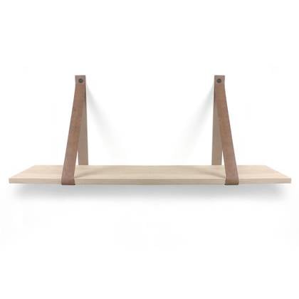 Woodbrothers Eiken 18mm wandplank recht 110x30cm + leren riem cognac