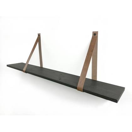 Woodbrothers 18mm wandplank recht zwart 60x20cm + leren riem cognac