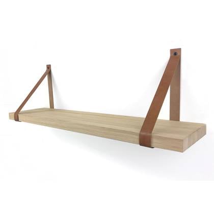 Woodbrothers Eiken wandplank massief recht 60x25cm + leren riem bruin