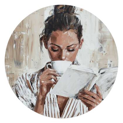 Reinders - Ochtendkoffie met een Boek I - Glasschilderij Ø 70 cm - Beige