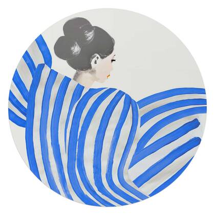 Reinders - Vrouw in Blauwe Strepen - Glasschilderij Ø 70 cm - Blauw