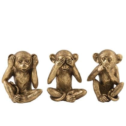 J-Line figuur Aap Horen|Zien|Zwijgen- polyresin - antiek goud - 3 stuks