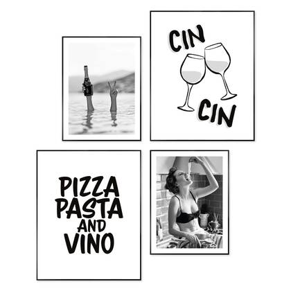 Reinders - Pizza, pasta en wijn - Wanddecoratieset in verschillende formaten 40x50 cm - Zwart-Wit