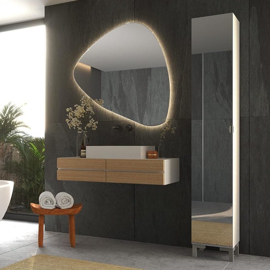 Hoge badkamerkast Taragonna met spiegeldeur 195 cm hoog wit