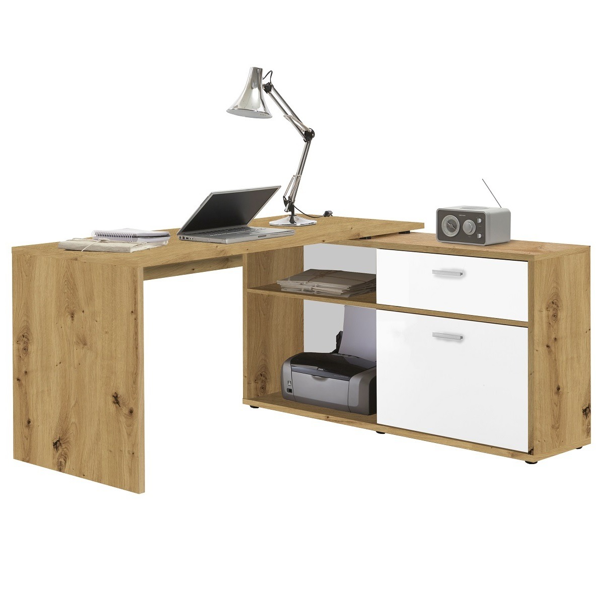 Hoekbureau Gody in Artisan eiken met wit