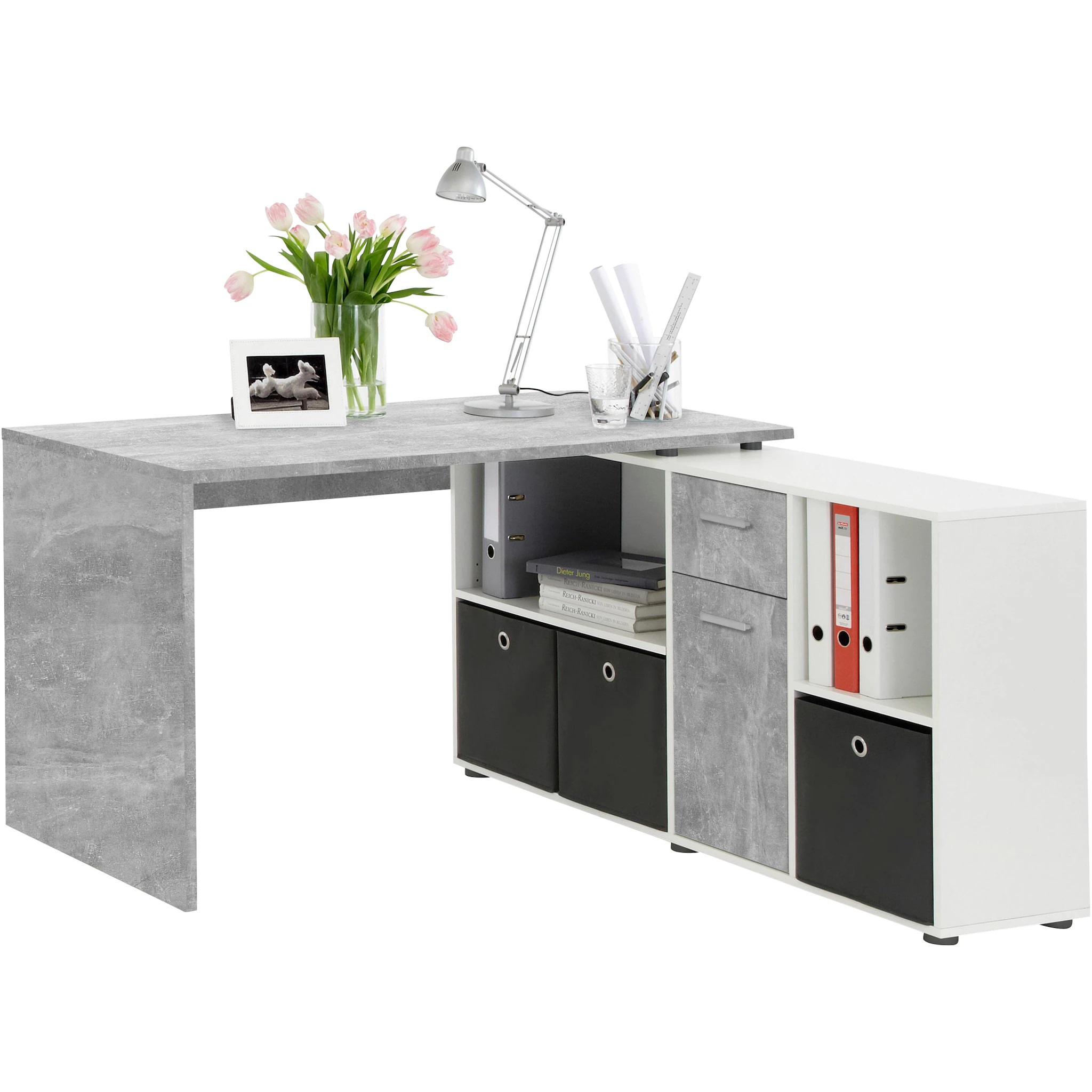 Hoekbureau Trex 136 cm breed grijs beton met wit