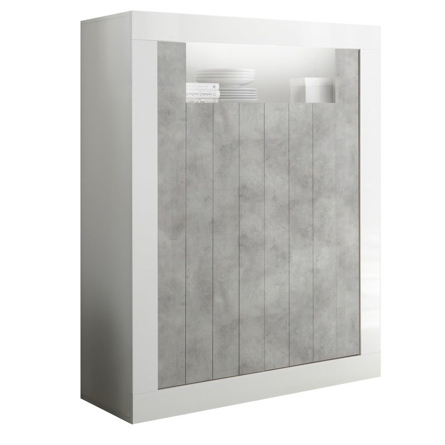 Opbergkast Urbino 144 cm hoog in hoogglans wit met grijs beton