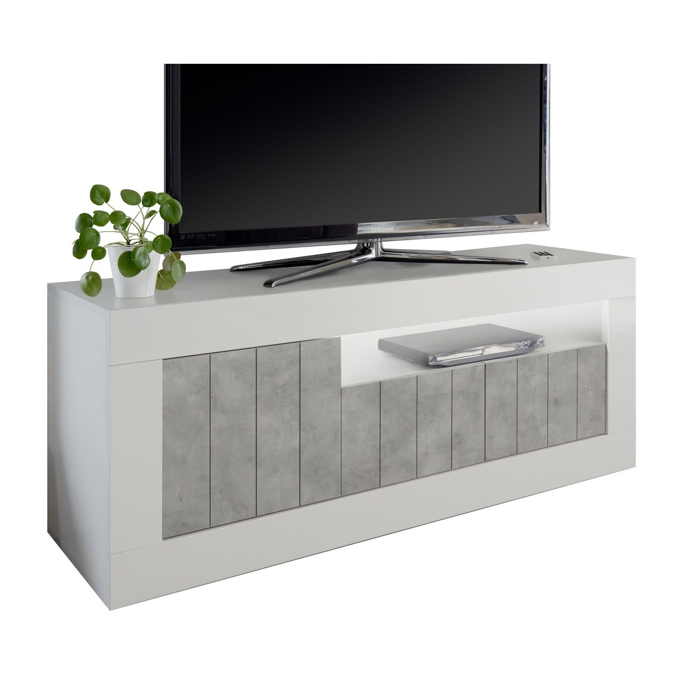 Tv-meubel Urbino 138 cm breed in hoogglans wit met grijs beton