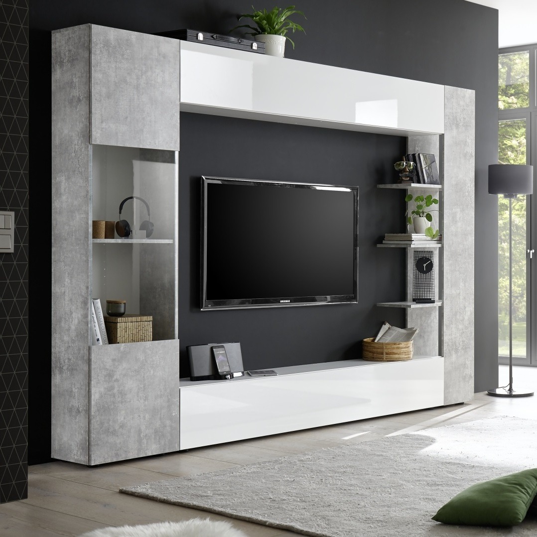 Tv wandmeubel Marina hoogglans wit met grijs beton