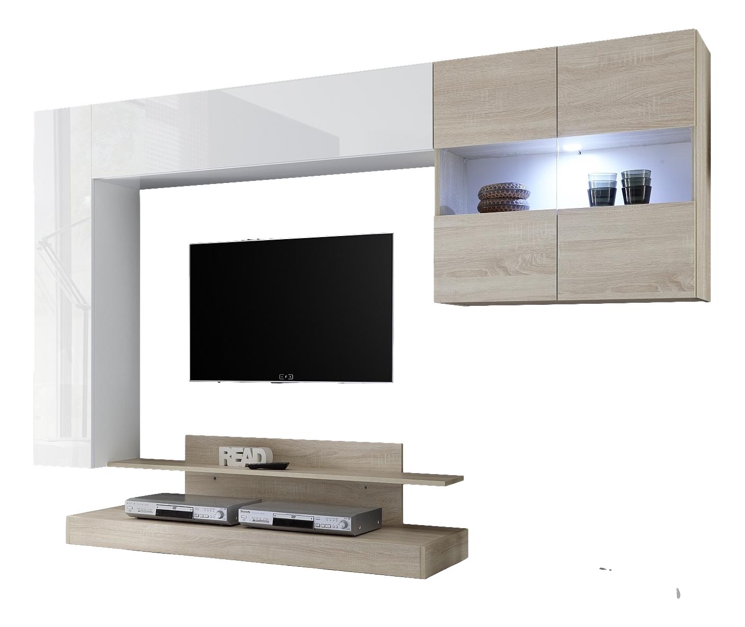 Tv-wandmeubel Ramon 248 cm breed in hoogglans wit met eiken