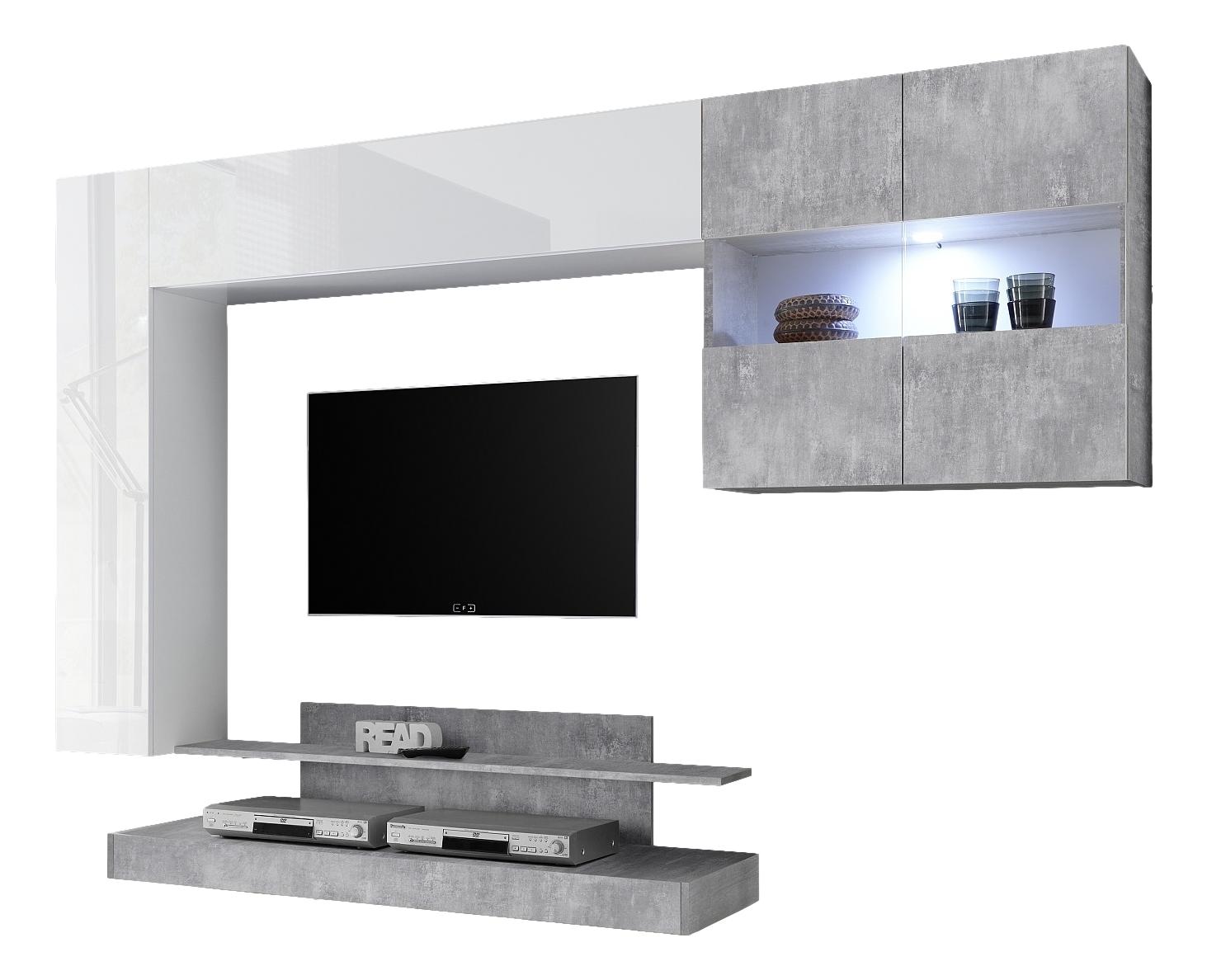 Tv-wandmeubel Ramon 248 cm breed in hoogglans wit met grijs beton