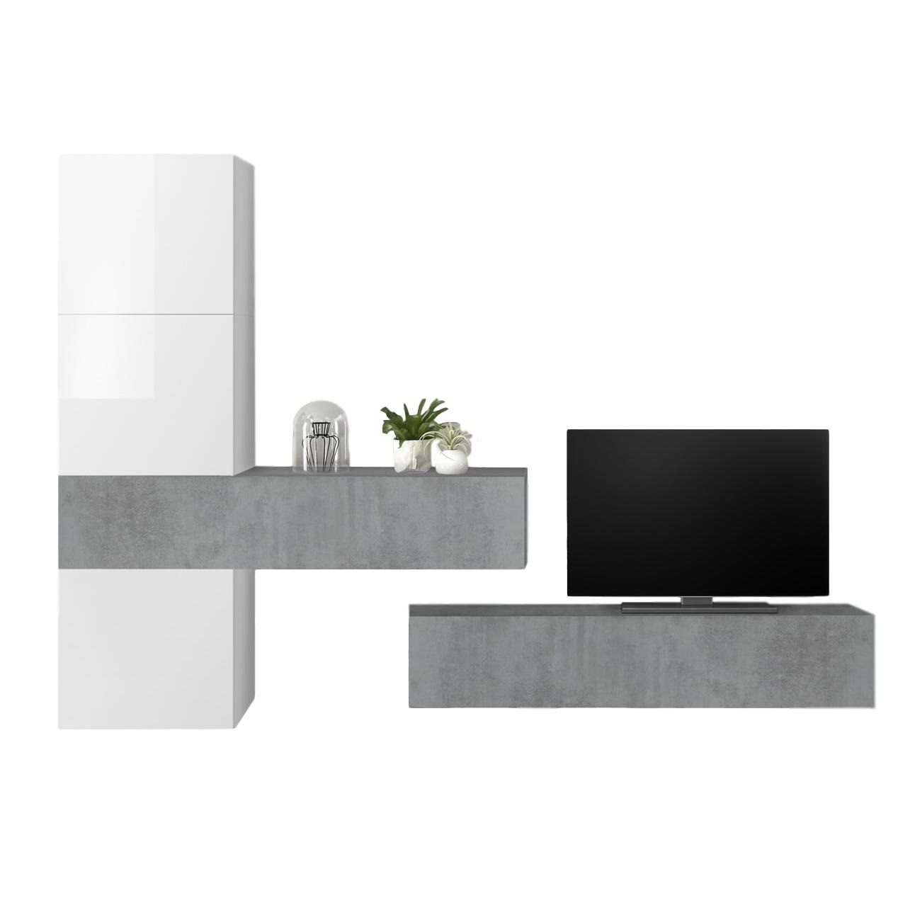 TV-wandmeubel Bruno in hoogglans wit met grijs beton