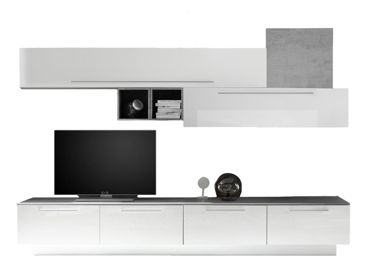 TV-wandmeubel set Gims in hoogglans wit met grijs beton