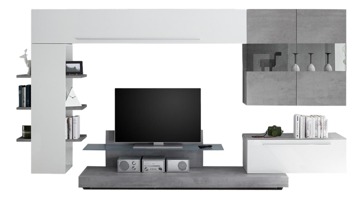 TV-wandmeubel set Harley in hoogglans wit met grijs beton