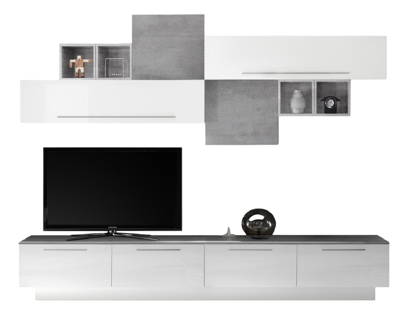 TV-wandmeubel set Helsing in hoogglans wit met grijs beton