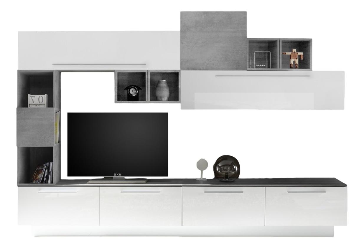 TV-wandmeubel set Reymen in hoogglans wit met grijs beton