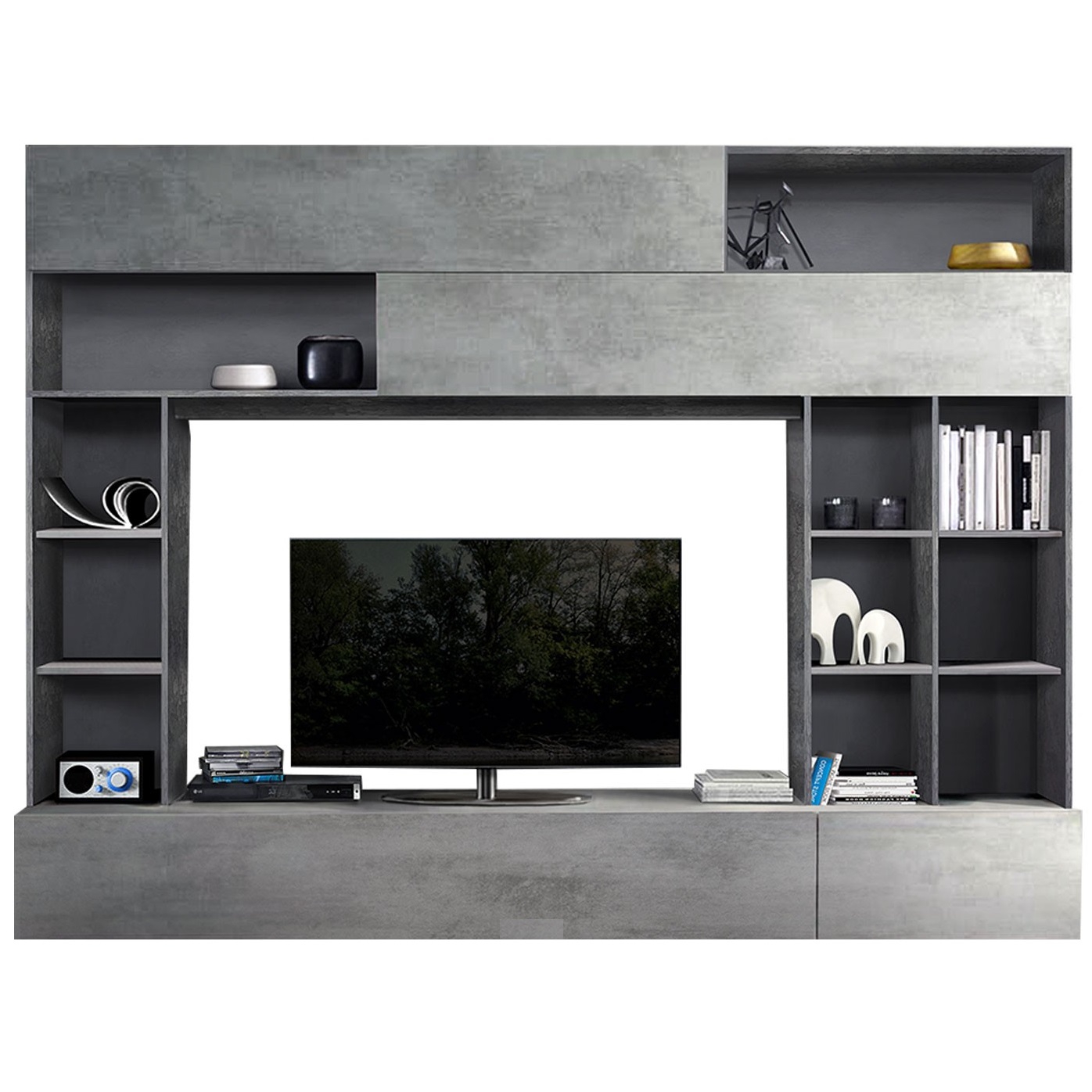 Tv-wandmeubel Tiko 277 cm breed in Oxid met grijs beton