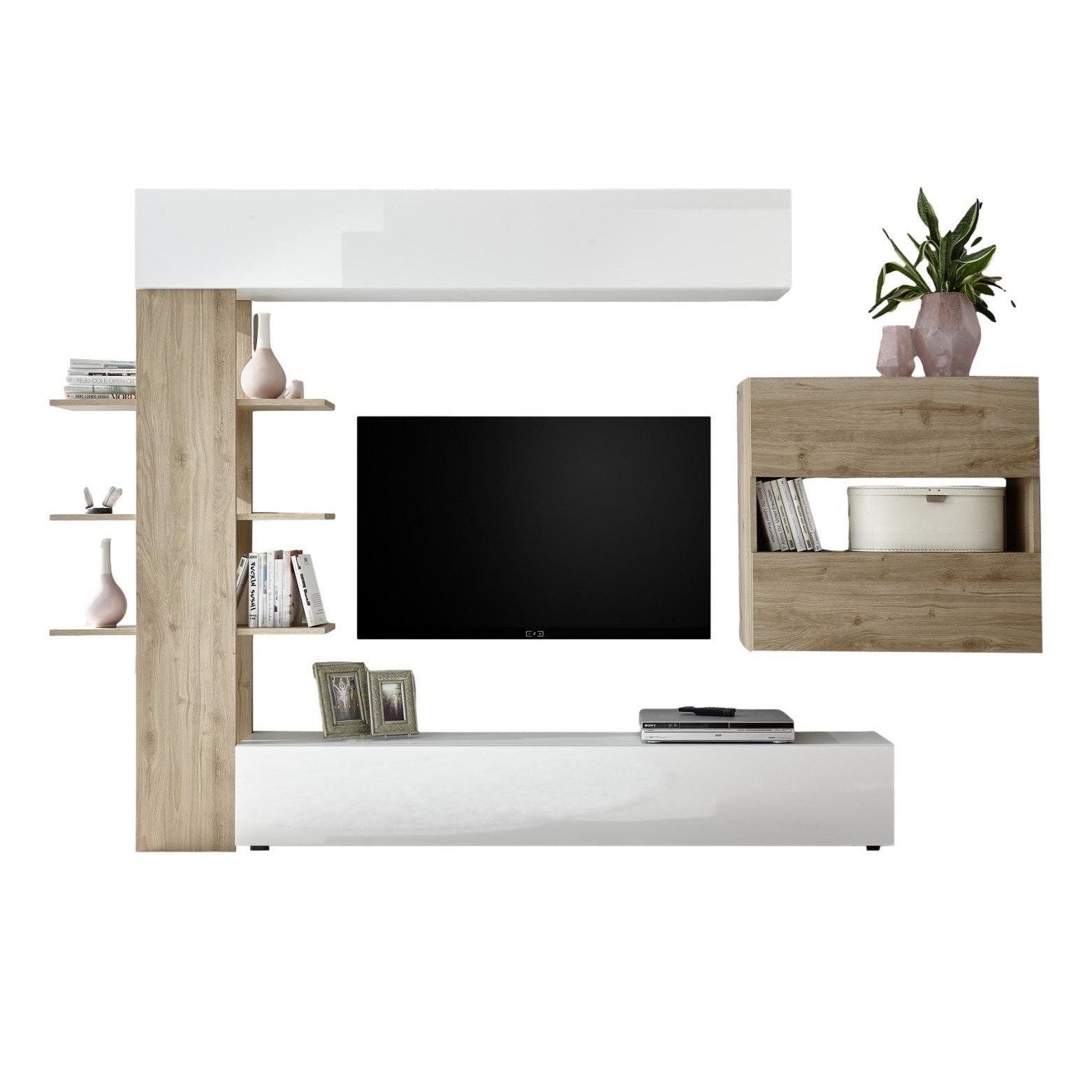 Tv wandmeubel Morgan hoogglans wit met cadiz eiken