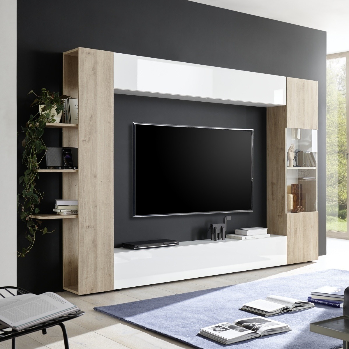 Tv wandmeubel Marina hoogglans wit met cadiz eiken