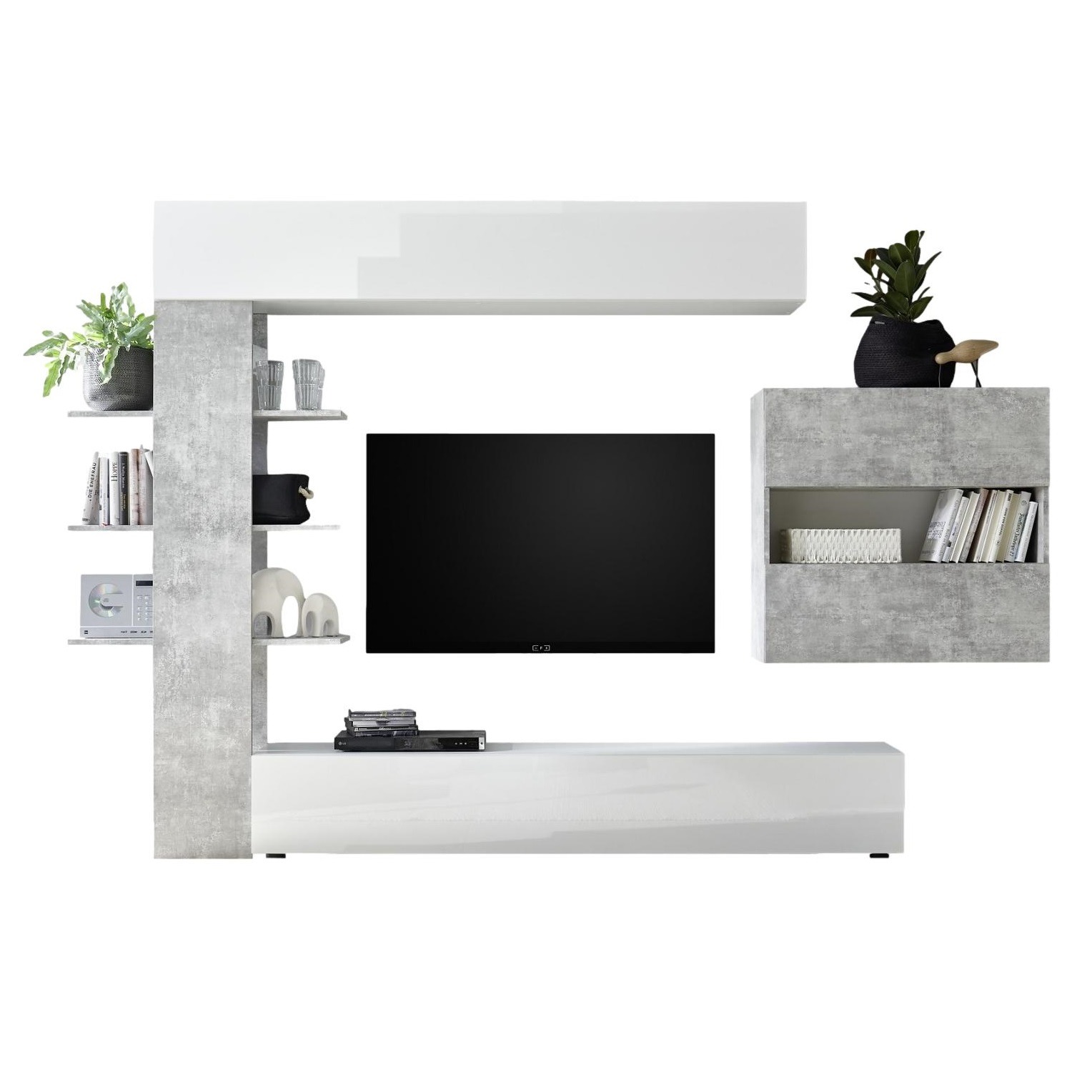 Tv wandmeubel Morgan hoogglans wit met grijs beton