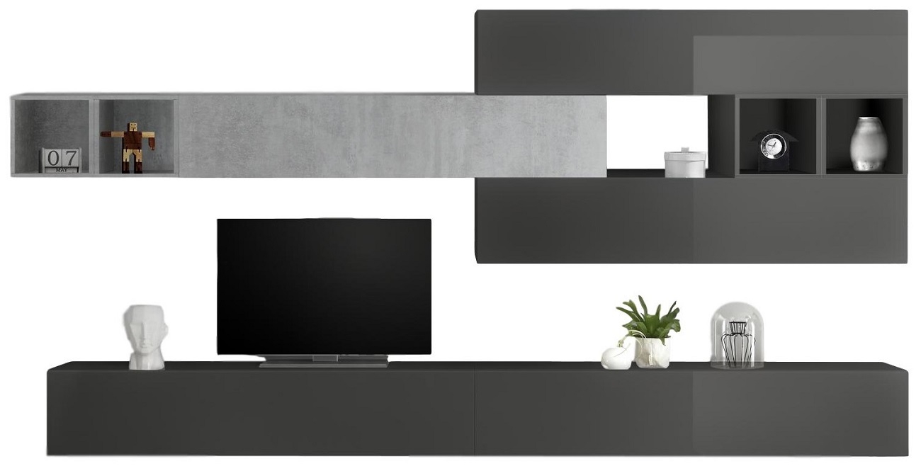 TV-wandmeubel Davos in hoogglans grijs met grijs beton
