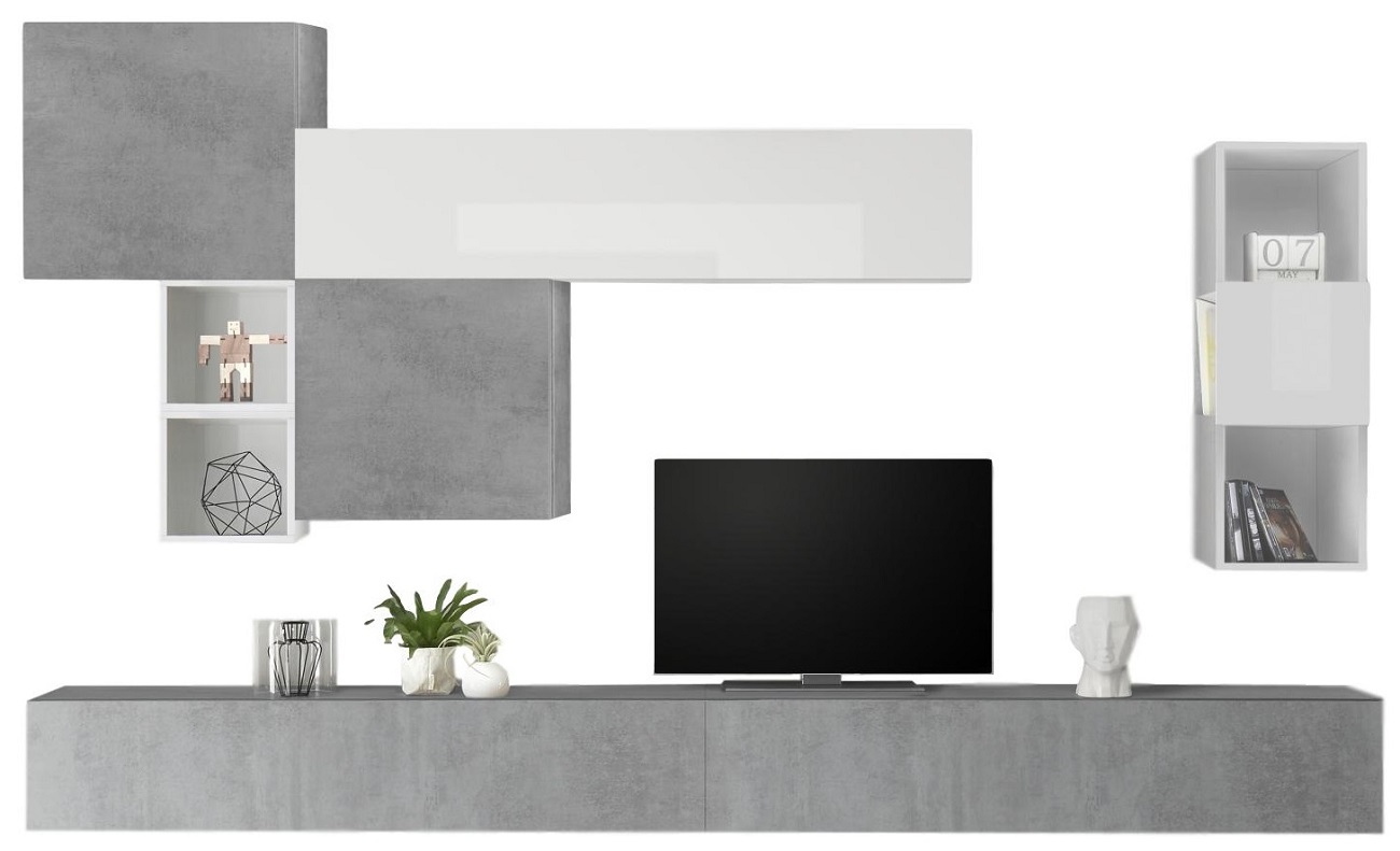 TV-wandmeubel Pedro in hoogglans wit met grijs beton