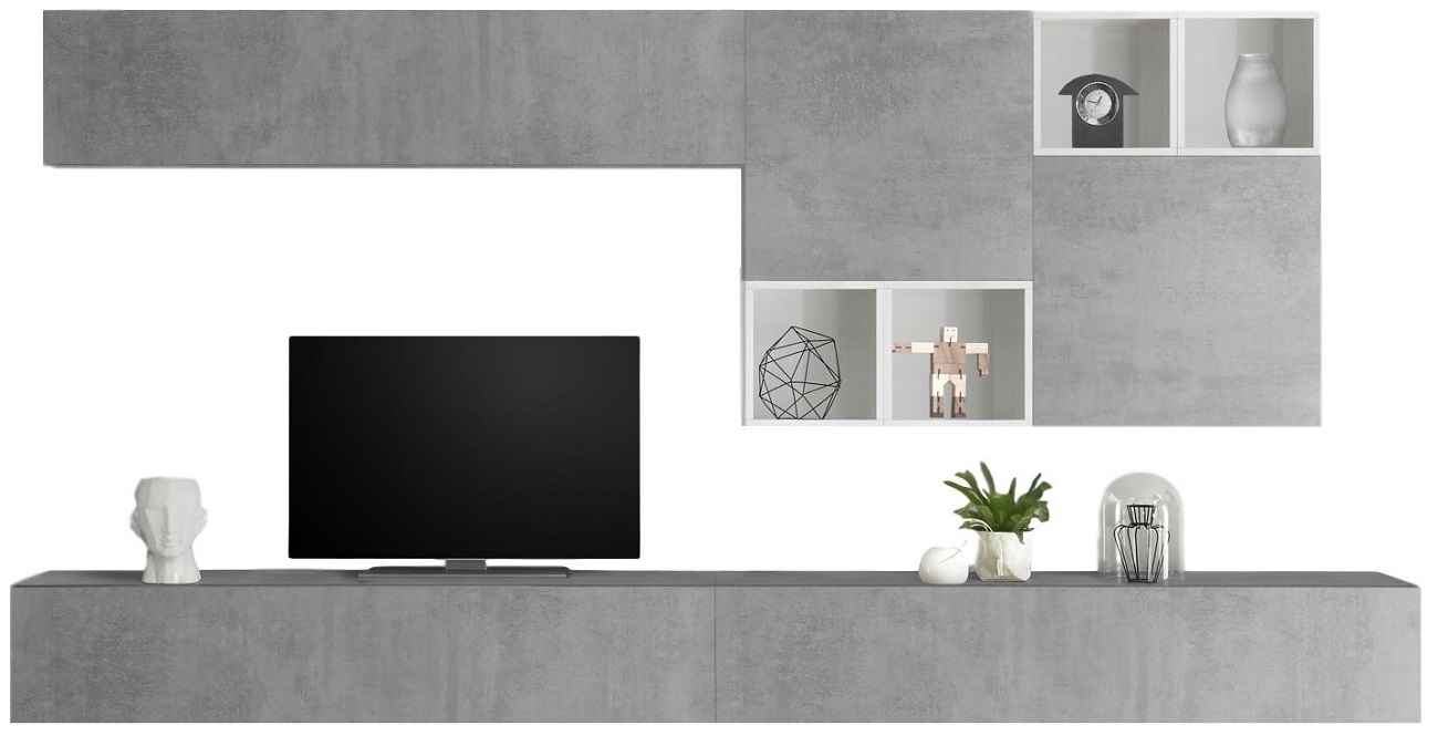 TV-wandmeubel Sansa in hoogglans wit met grijs beton