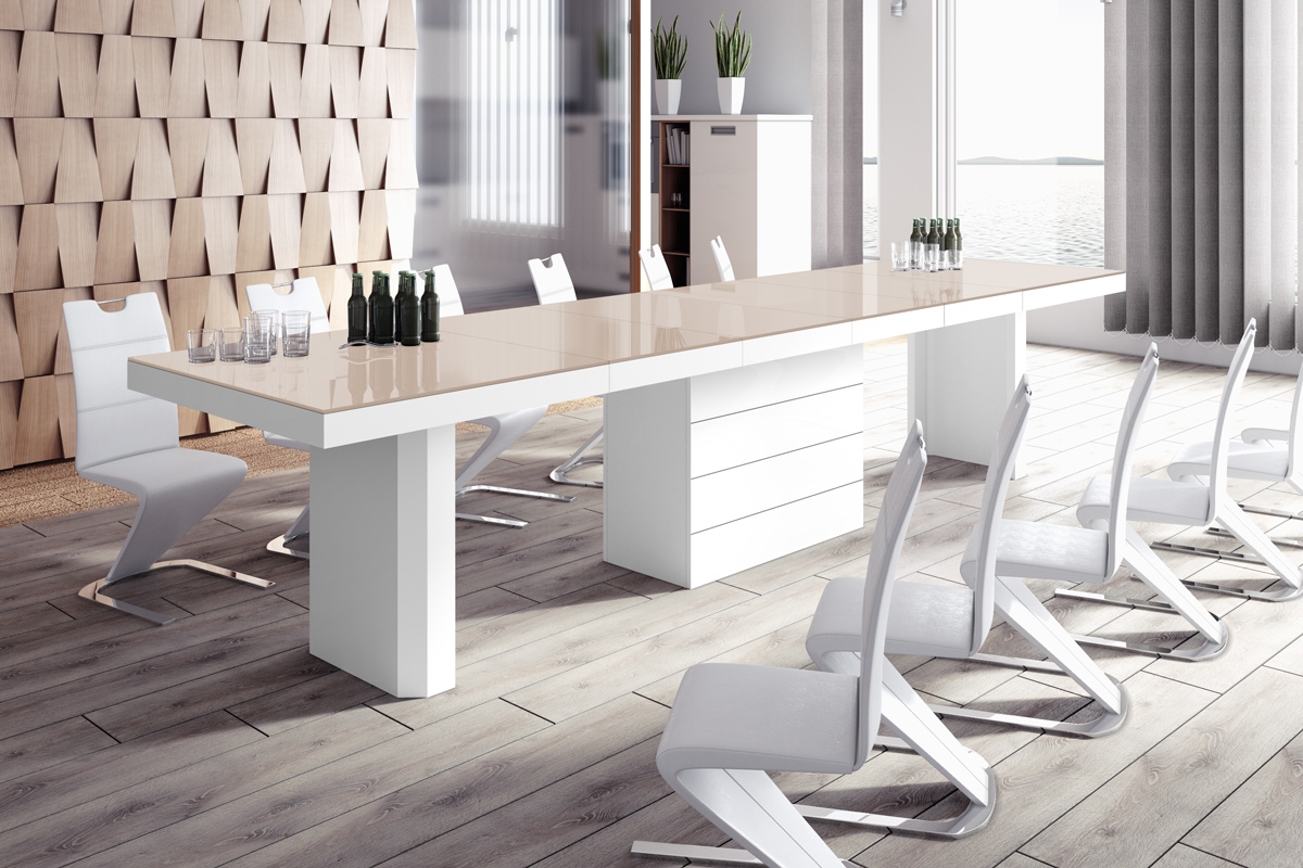 Uitschuifbare eettafel Kolos 140 tot 332 cm breed in hoogglans cappuccino met wit
