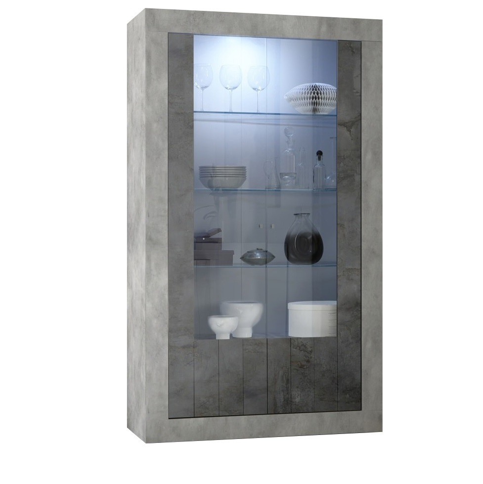 Vitrinekast Urbino 190 cm hoog in grijs beton met oxid