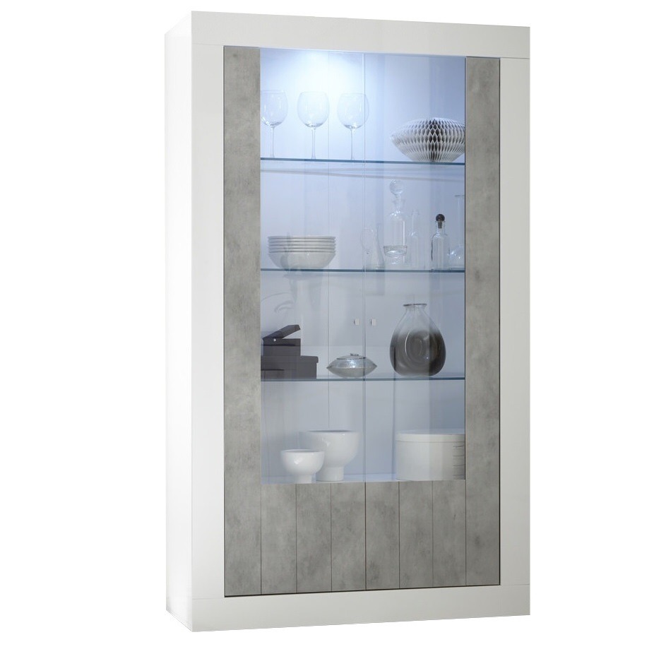 Vitrinekast Urbino 190 cm hoog in hoogglans wit met grijs beton