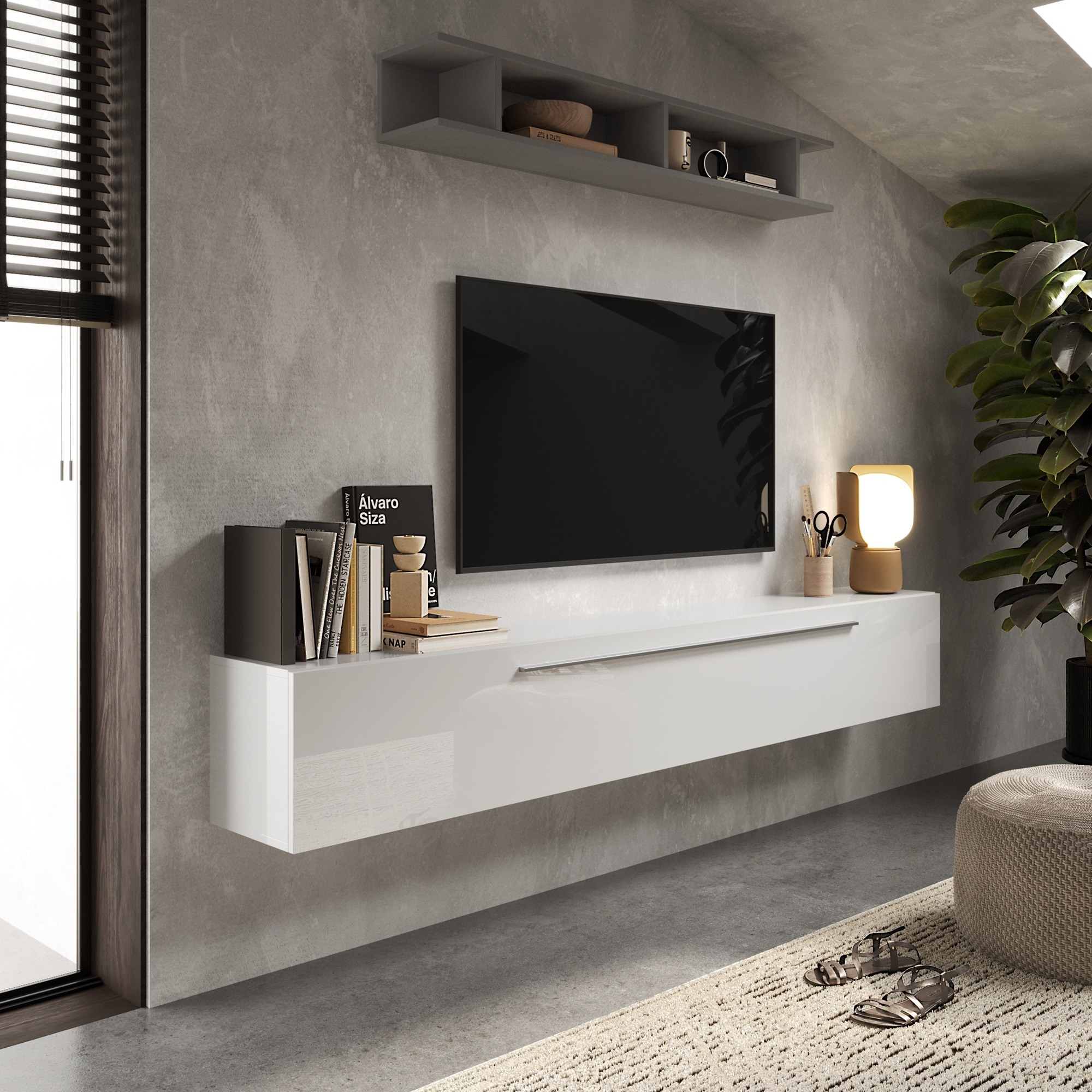 Zwevend Tv-meubel Mexy 210 cm breed hoogglans wit