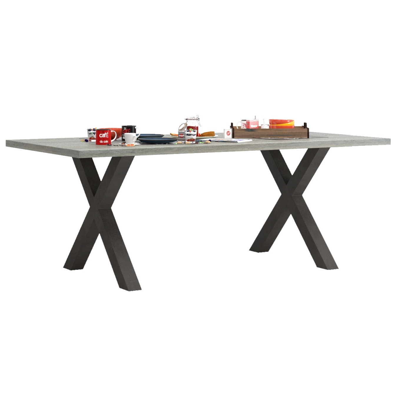 Eettafel Baxter X poot 200x100 cm grijs eiken met antraciet