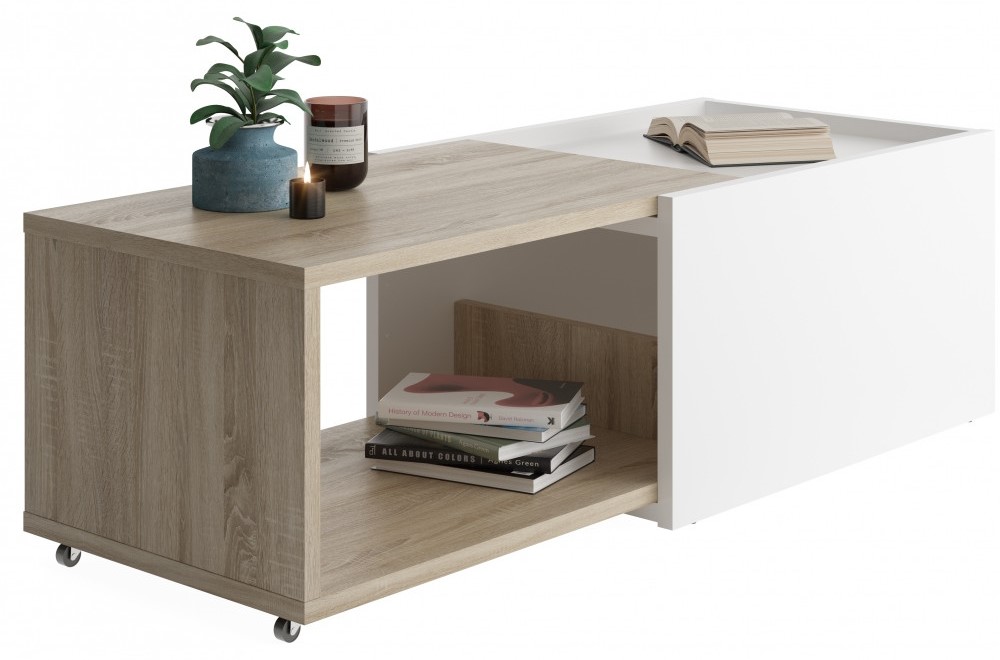 Salontafel Slide 38 cm Hoog Uitschuifbaar In Eiken Met Wit