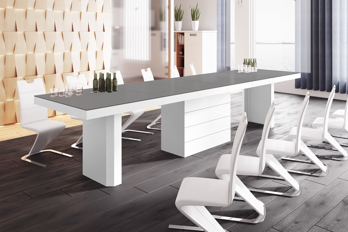 Uitschuifbare eettafel Kolos 160 tot 412 cm breed in mat grijs met wit