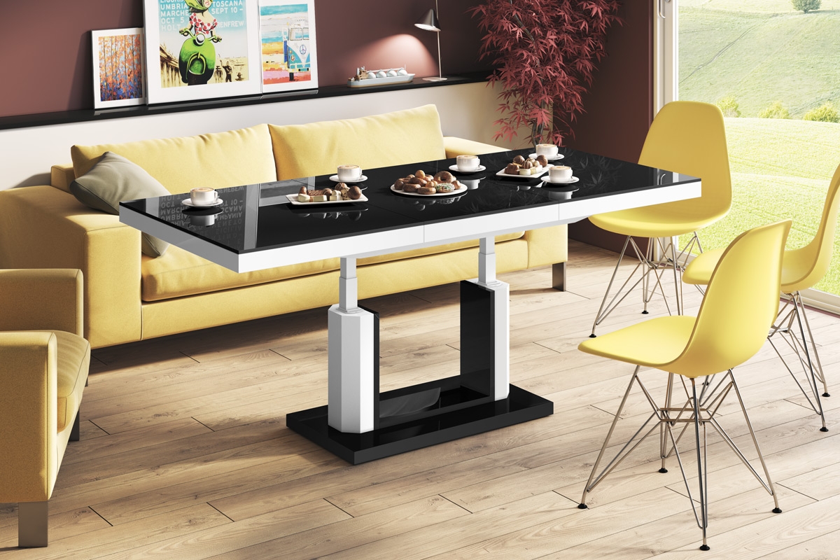 Uitschuifbare salontafel Quadro Lux 120 tot 170 cm breed in hoogglans zwart met wit