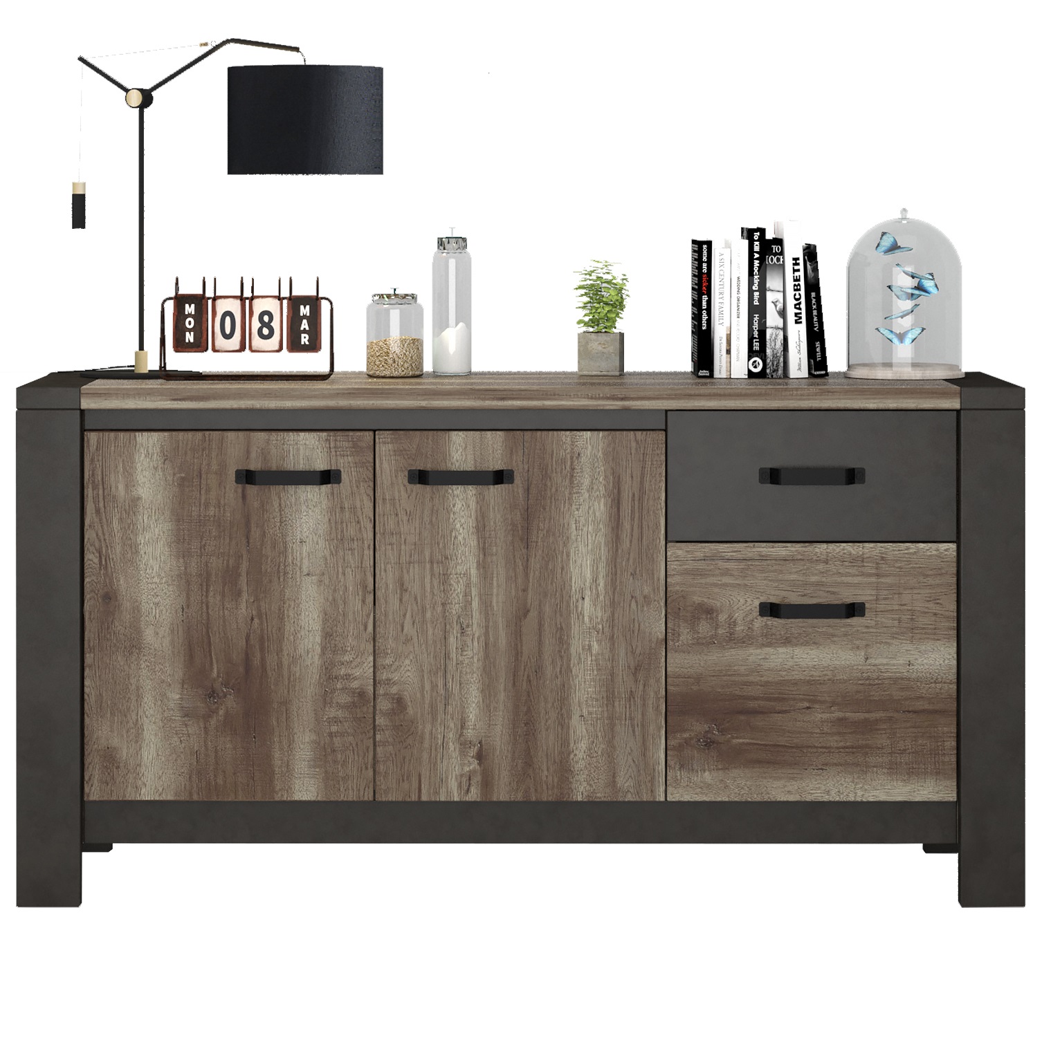 Dressoir Malt 204 cm breed oud eiken met antraciet