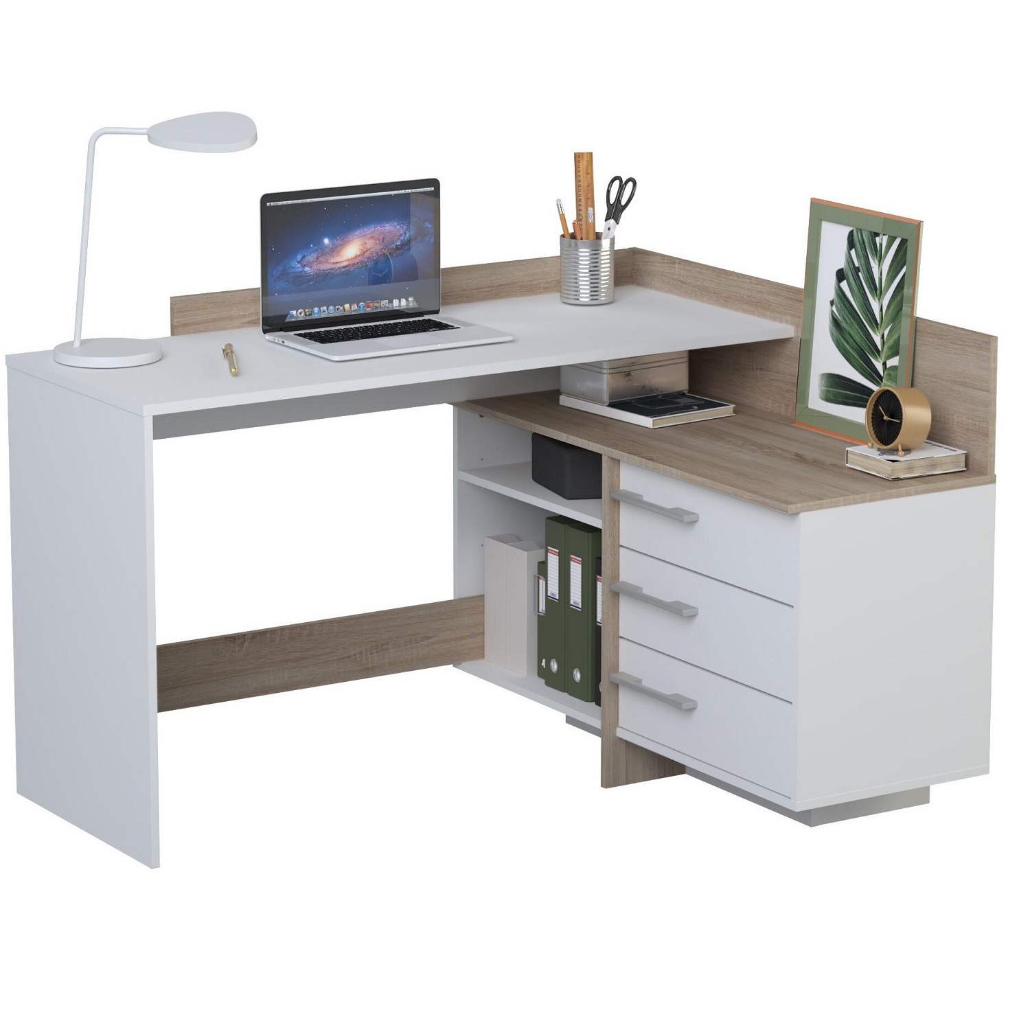 Hoekbureau Thales 129 cm breed wit met eiken