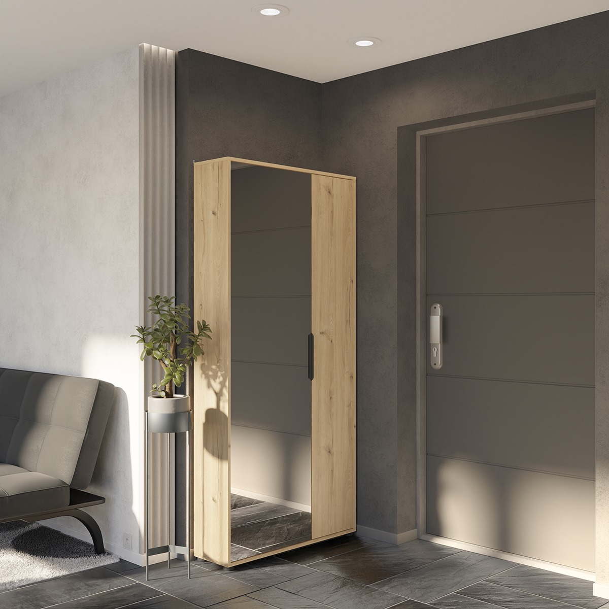 Schoenenkast Ebony met spiegeldeur - eiken