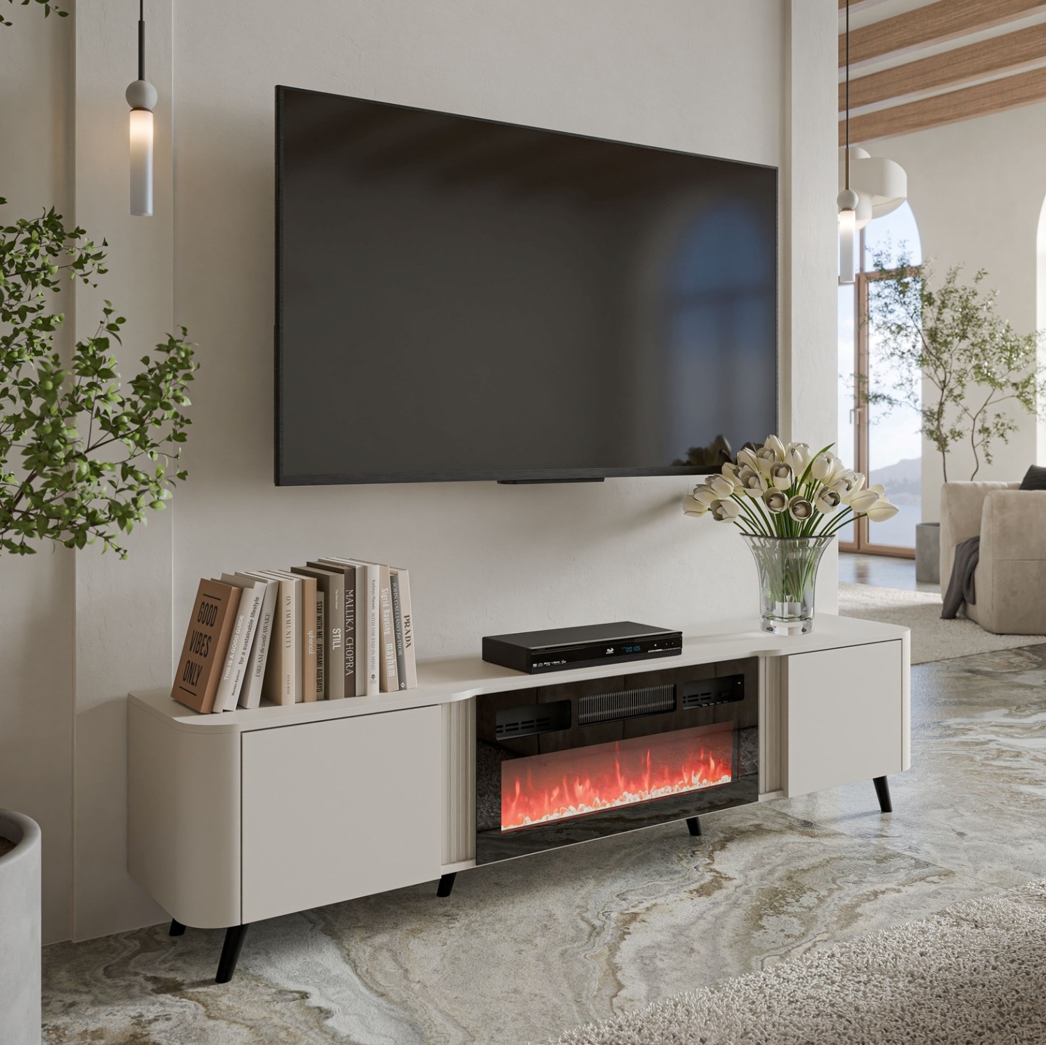 Tv-meubel Curve 200 cm breed taupe met sfeerhaard
