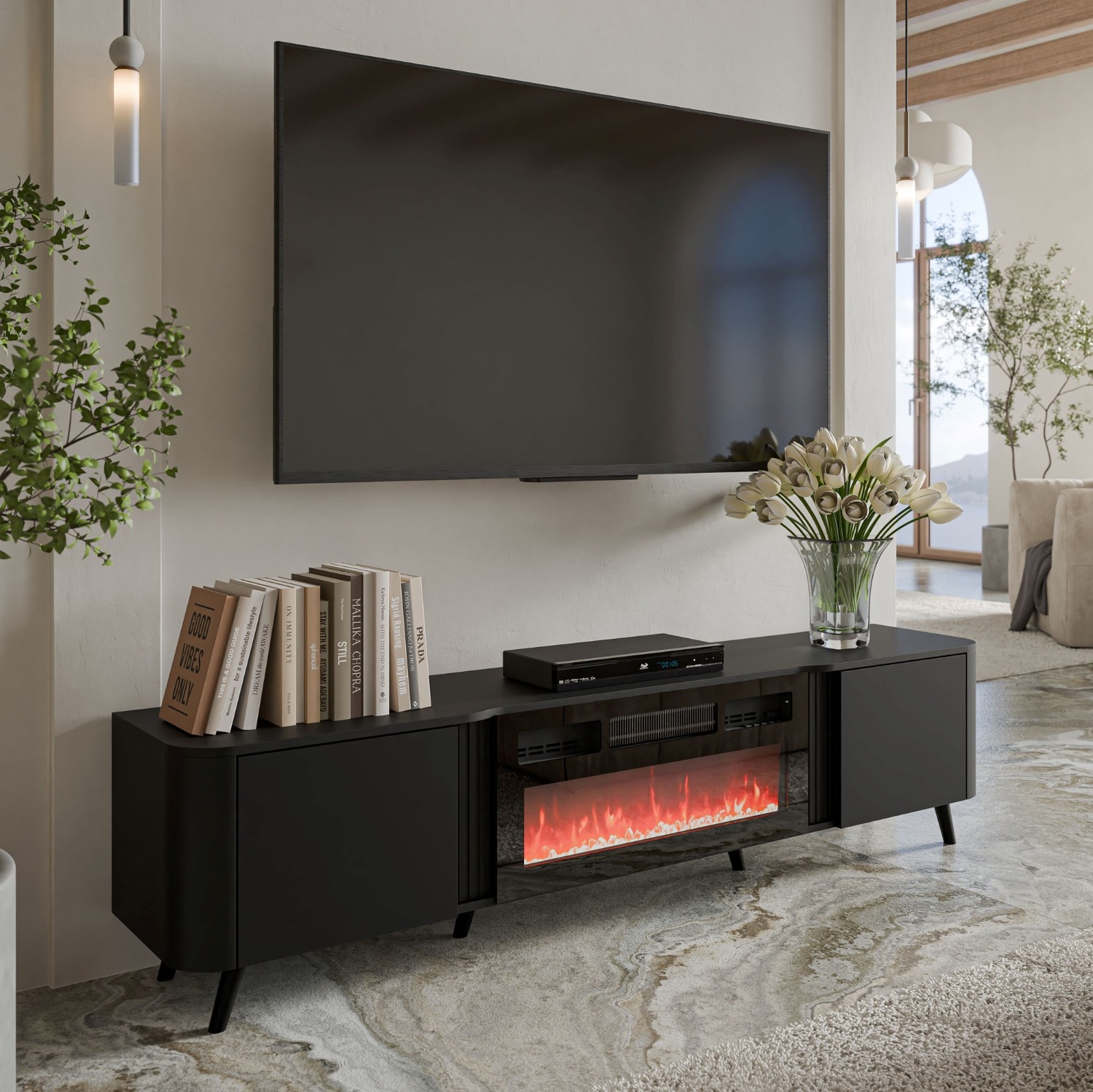 Tv-meubel Curve 200 cm breed zwart met sfeerhaard