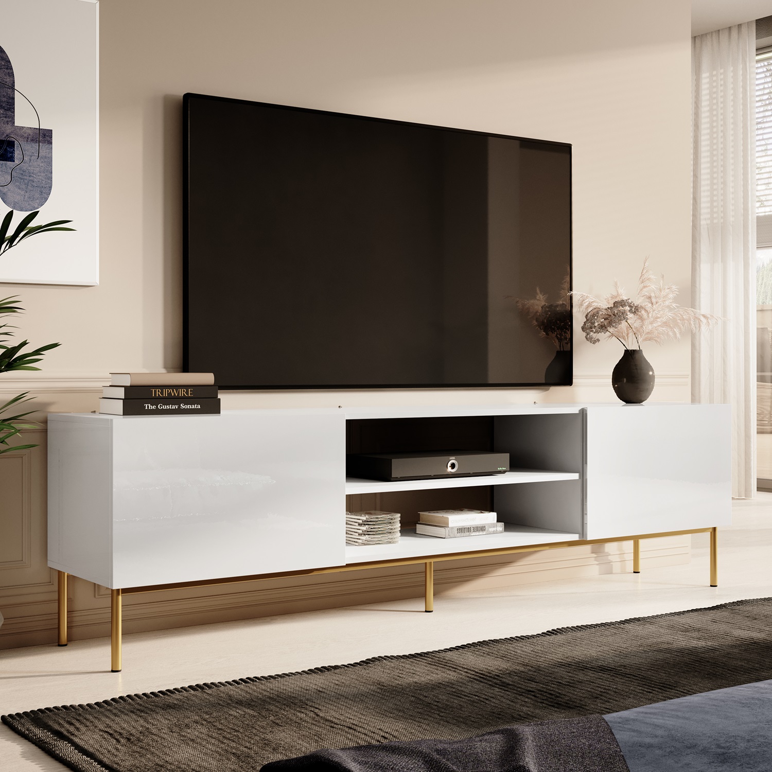 Tv-meubel Slide 200 cm breed hoogglans wit met goude poten