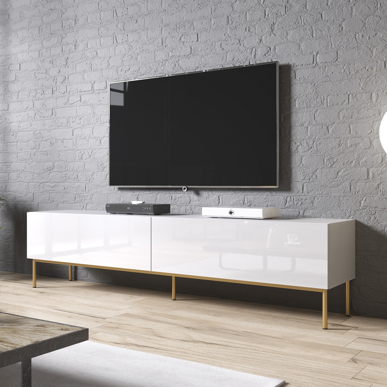 Tv-meubel Slide 2D 200 cm breed hoogglans wit met goude poten