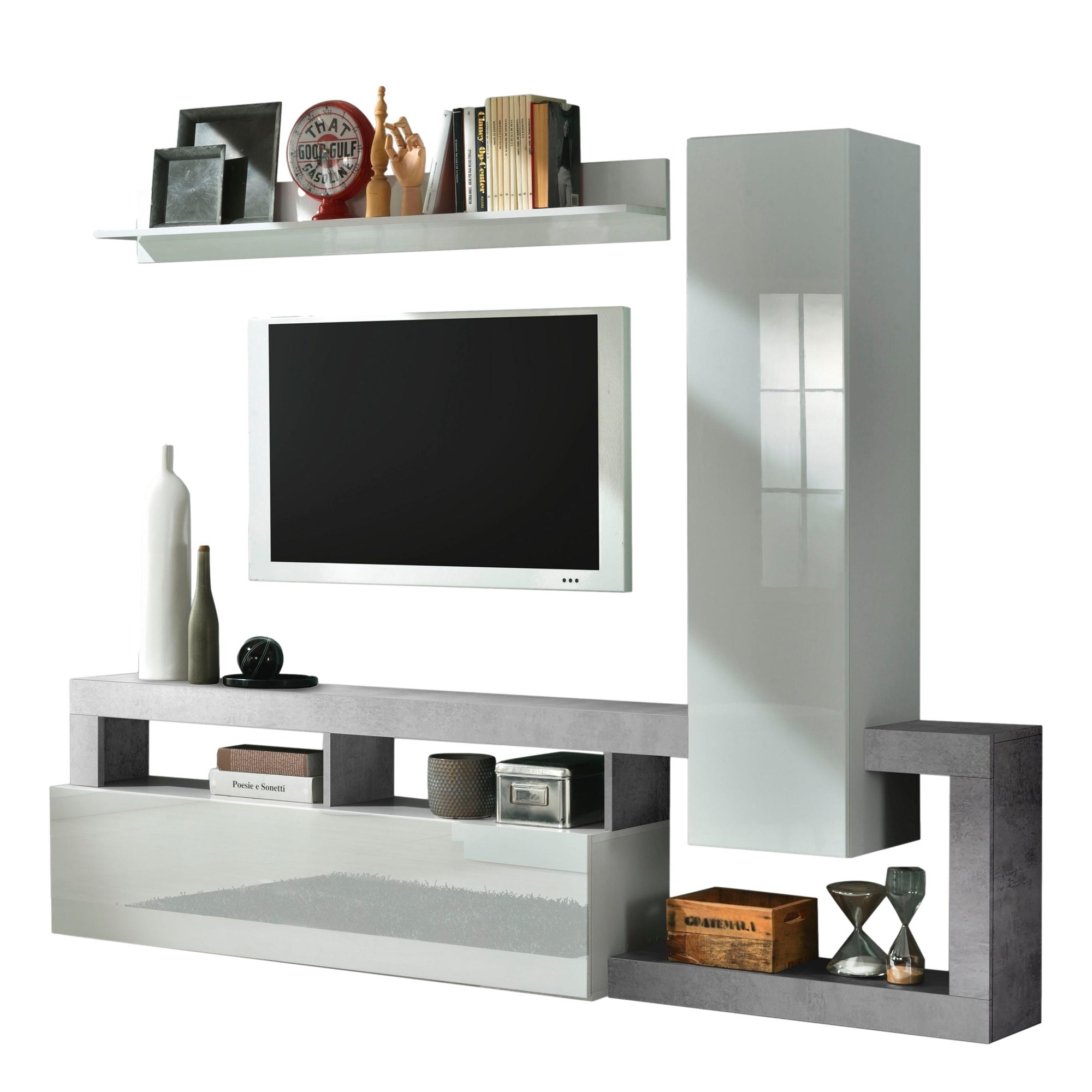 Tv-wandmeubel Hamburg 219 cm hoogglans wit met beton