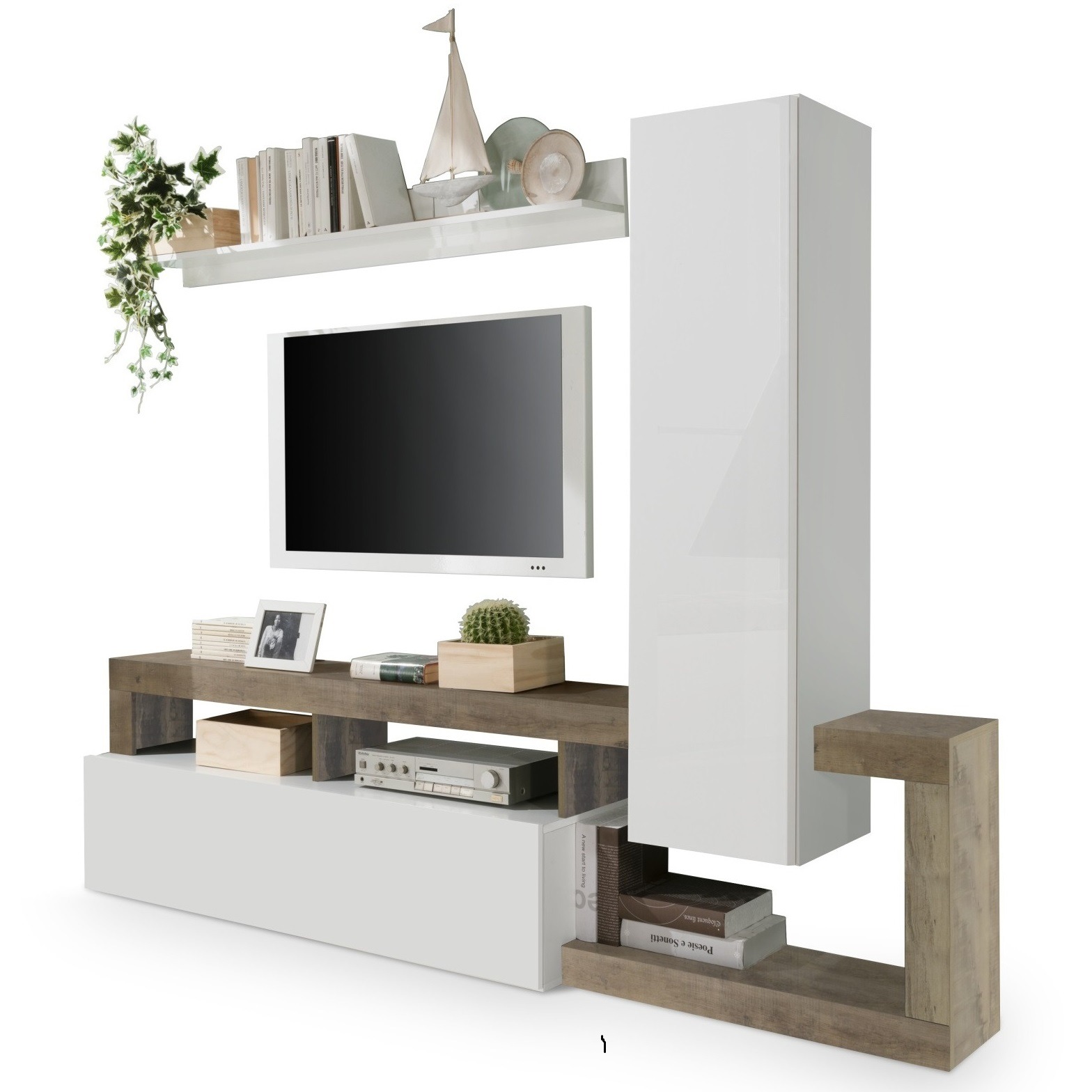 Tv-wandmeubel Hamburg 219 cm hoogglans wit met eiken