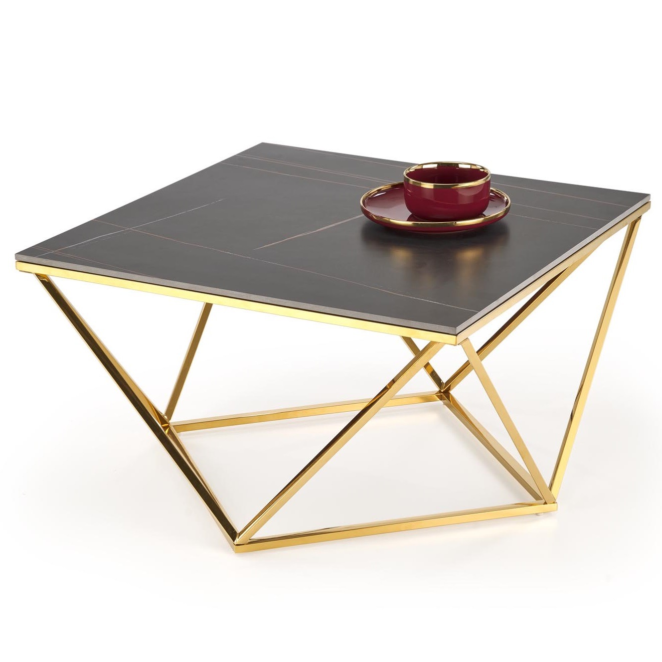 Vierkant salontafel Felicia 80 cm marmer zwart met goud