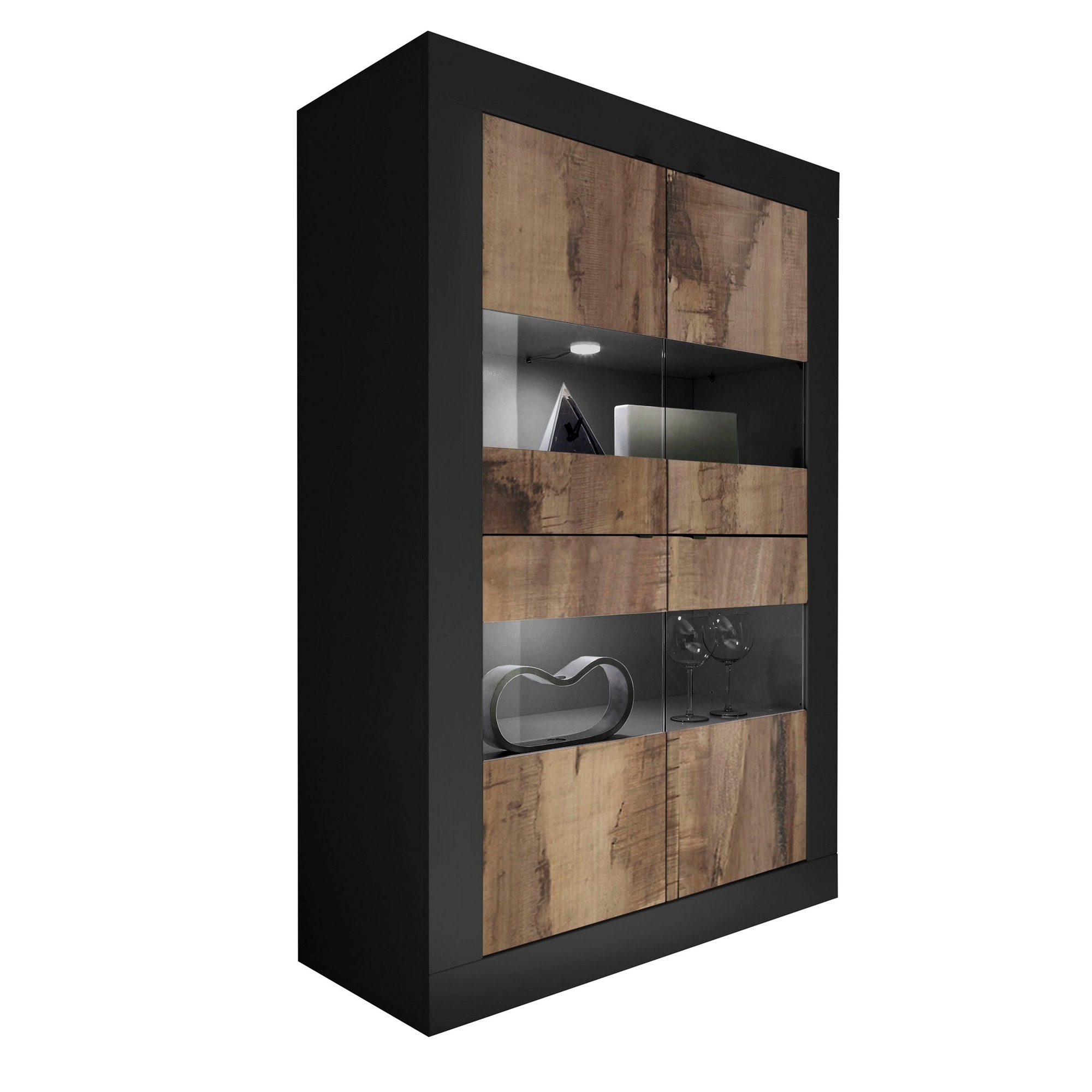 Vitrinekast Basic 162 cm hoog zwart met eiken