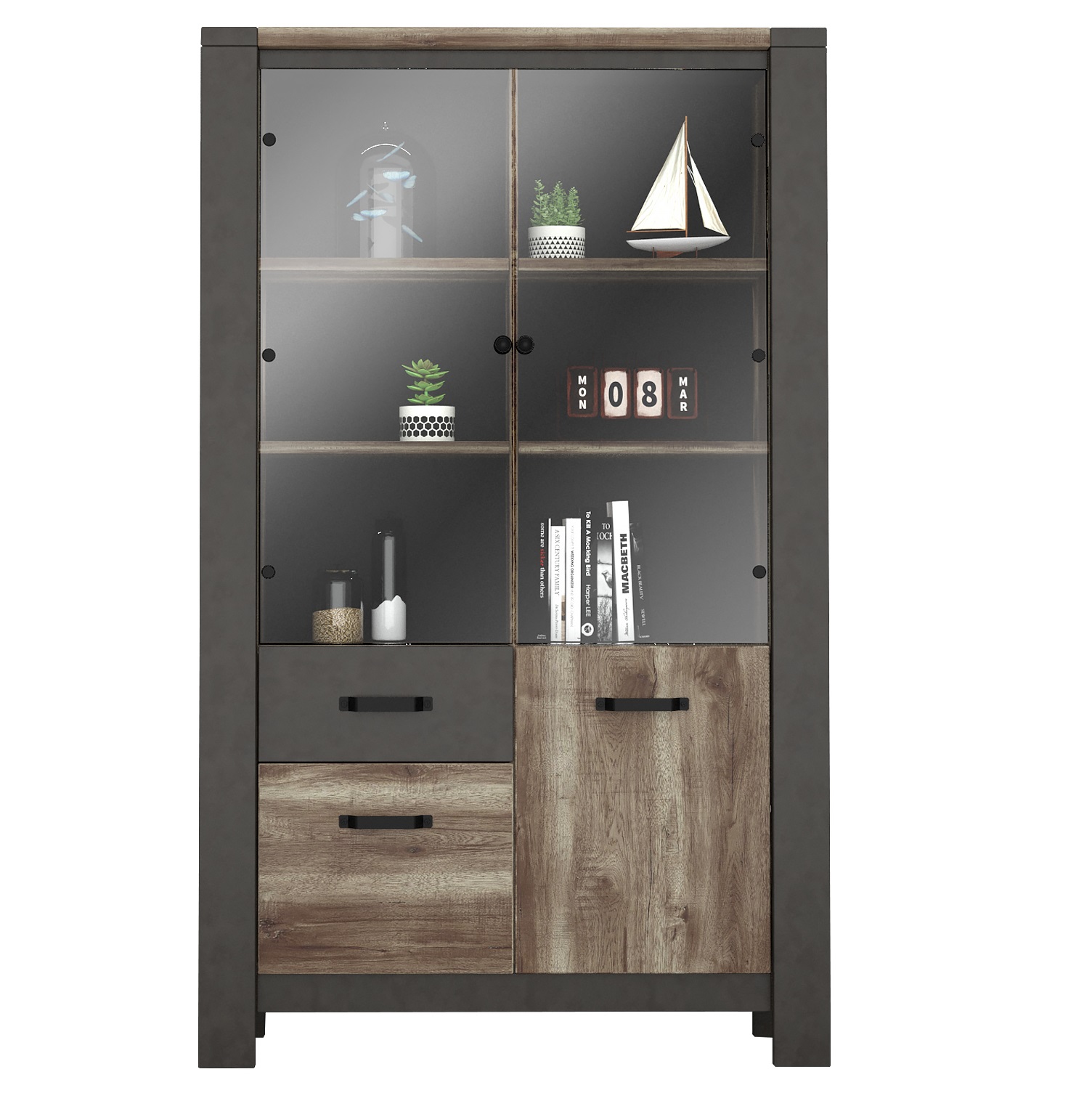 Vitrinekast Malt 204 cm hoog oud eiken met antraciet